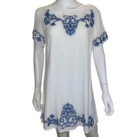 Lulus White & Blue Embroidered Short-Sleeve Dress Back Zipper Closure Size XL - Picture 1 of 7